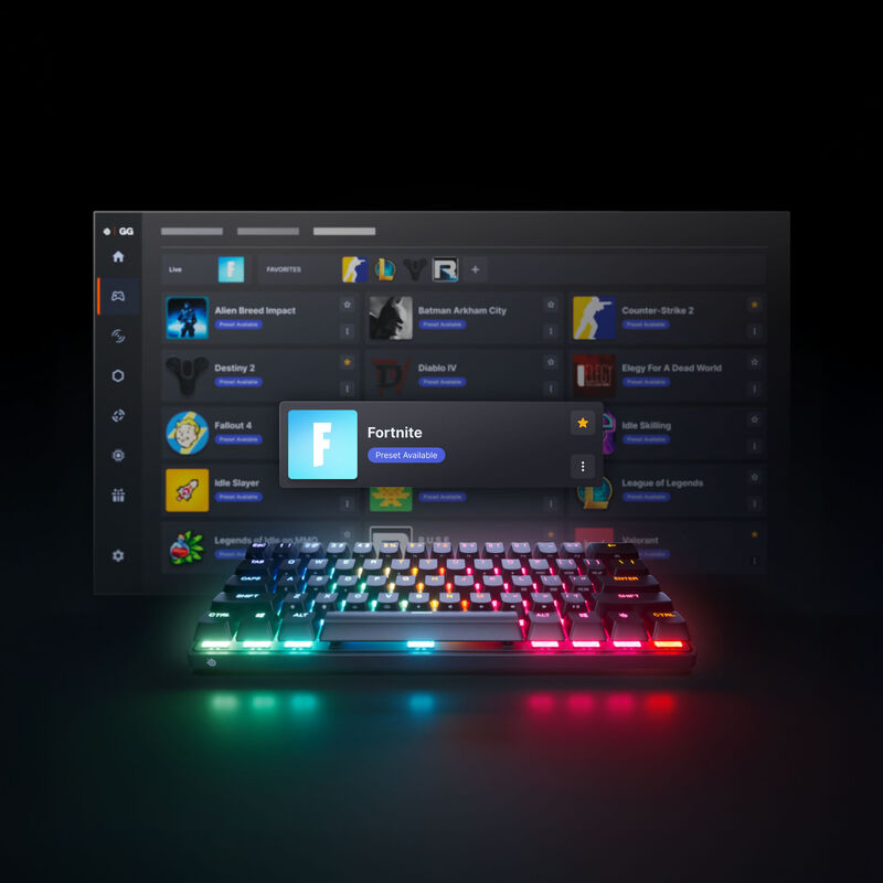 Nærbilde av RGB-lys på SteelSeries Apex Pro Mini Gen 3 tastatur