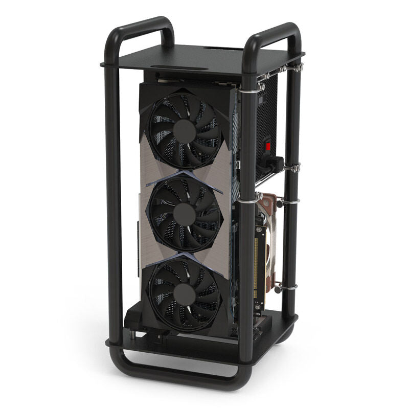 Nærbilde av Streacom DA6 Mini-ITX kabinett åpent design svart I/O-panel