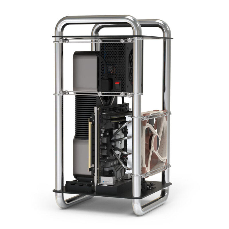 Nærbilde av Streacom DA6 Mini-ITX kabinett open frame krom ramme