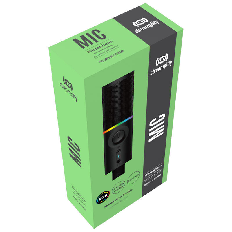 Streamplify MIC RGB mikrofon USB-A svart med kontroller på mikrofonarmen