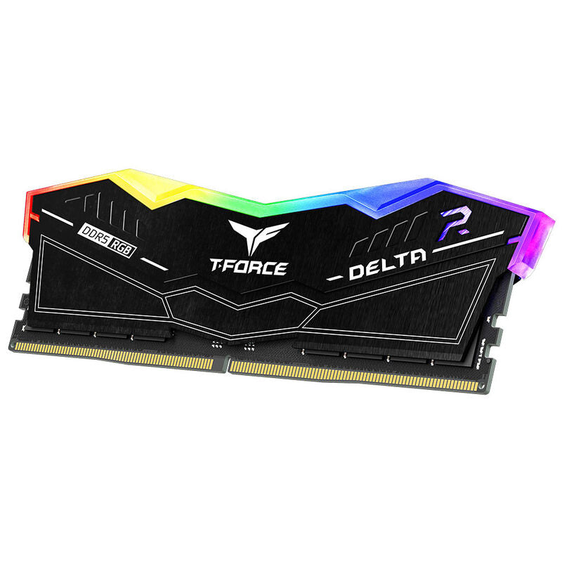 Nærbilde av RGB-belysning på Team Group Delta RGB DDR5-6000 CL30 RAM 32 GB svart