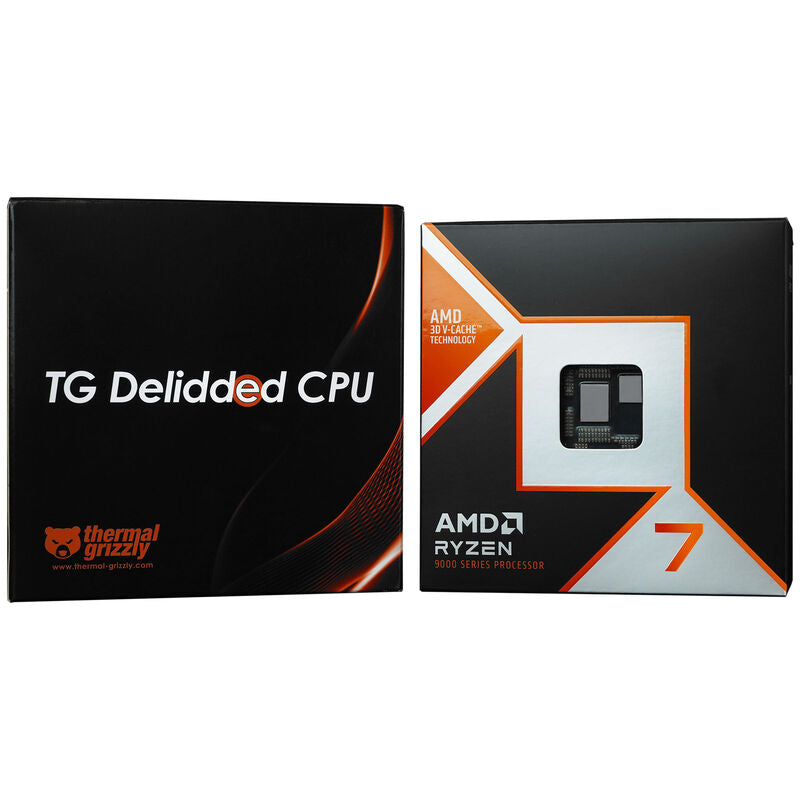 Nærbilde av Thermal Grizzly Delidded AMD 9800X3D prosessor chip