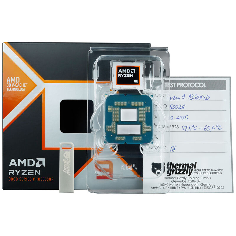 Detaljfoto av Thermal Grizzly Delidded AMD 9950X3D prosessor
