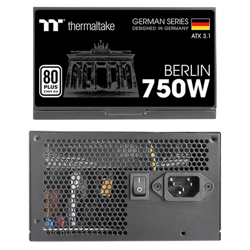 Nærbilde av Thermaltake Berlin 80 PLUS strømforsyning kabeltilkoblinger