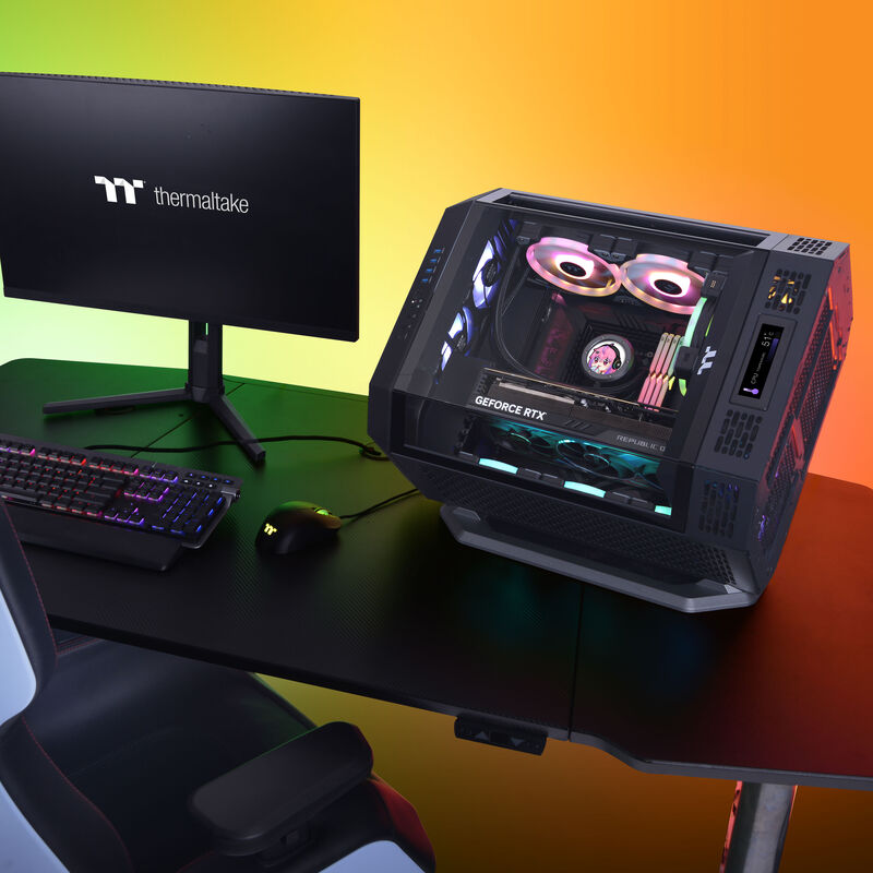 Detalj av herdet glass på Thermaltake The Tower 600 kabinett midtårn ATX herdet glass svart