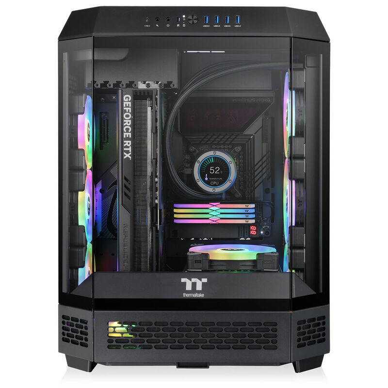 Nærbilde av ventilasjon og vifte på Thermaltake The Tower 600 kabinett midtårn ATX herdet glass svart