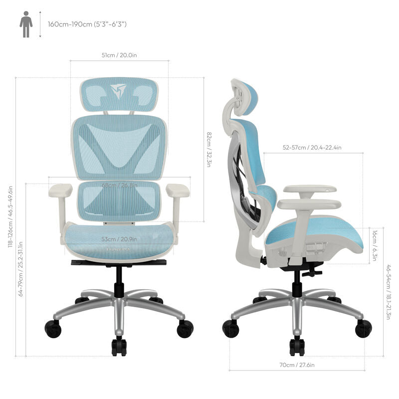 ThunderX3 XTC ergonomisk kontorstol mesh hvit/blå med justerbar lendenstøtte