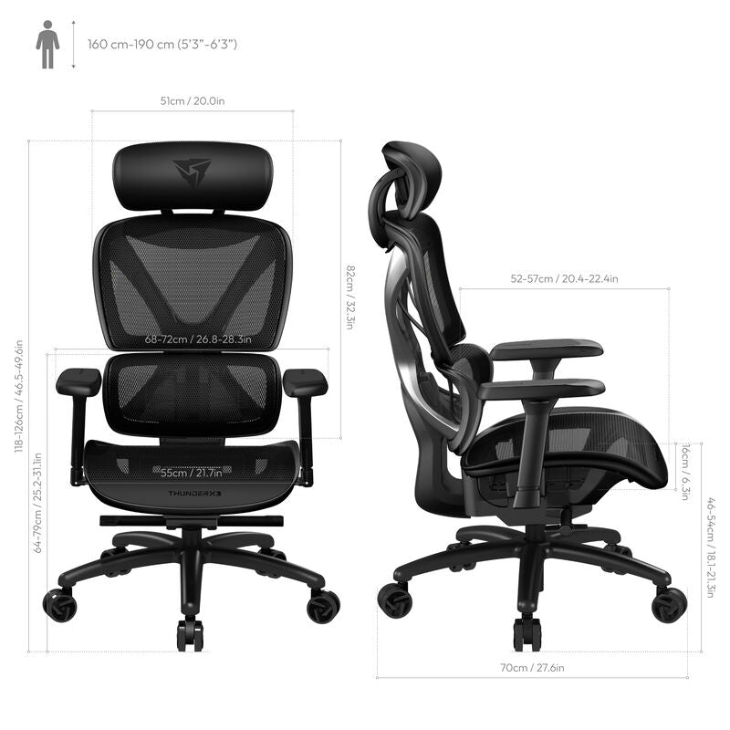 Sideprofil av ThunderX3 XTC ergonomisk kontorstol mesh svart