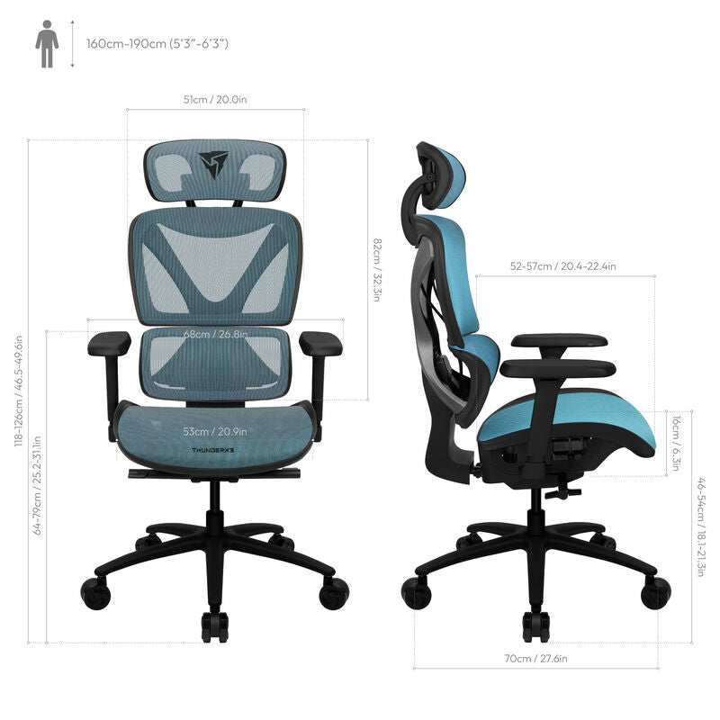 ThunderX3 XTC ergonomisk kontorstol mesh svart/blå nærbilde av sete