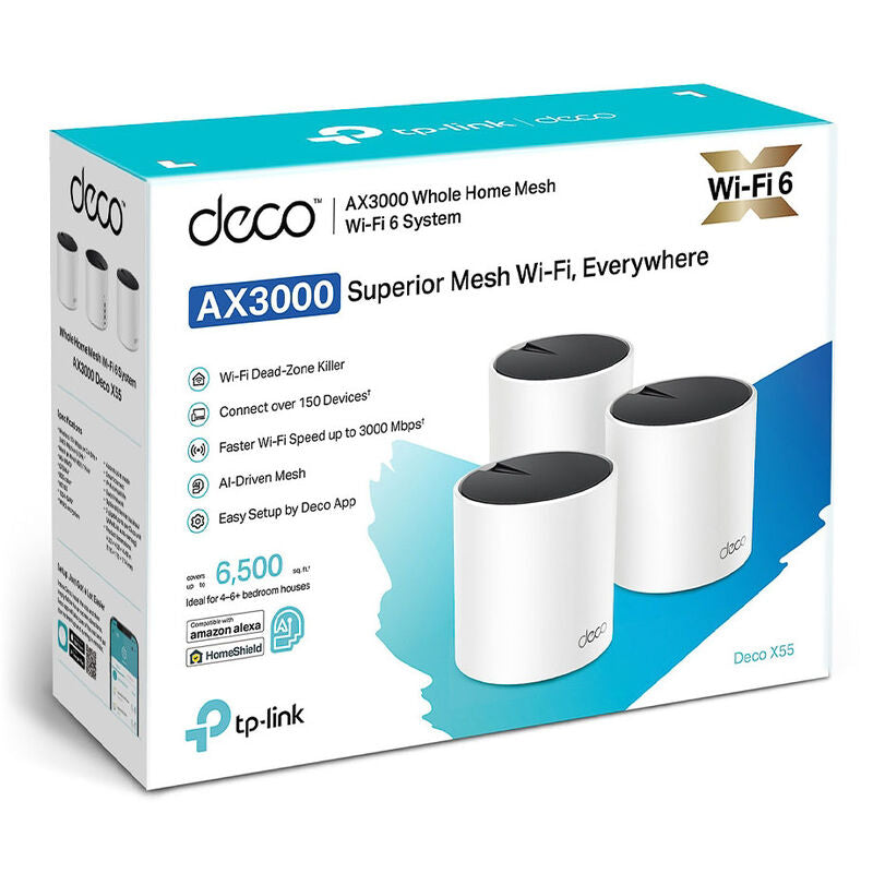 Nærbilde av TP-Link Deco X55 mesh Wi-Fi 6 AX3000 ruter hvit 3-pakk