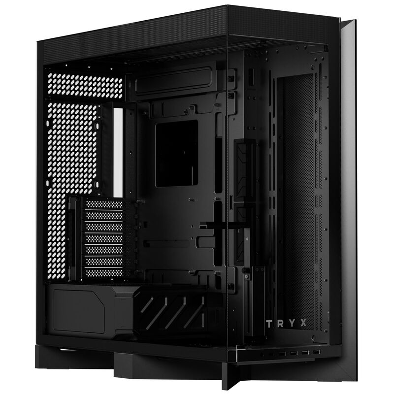 Nærbilde av frontpanel med USB-porter på TRYX LUCA L70 kabinett midtårn E-ATX