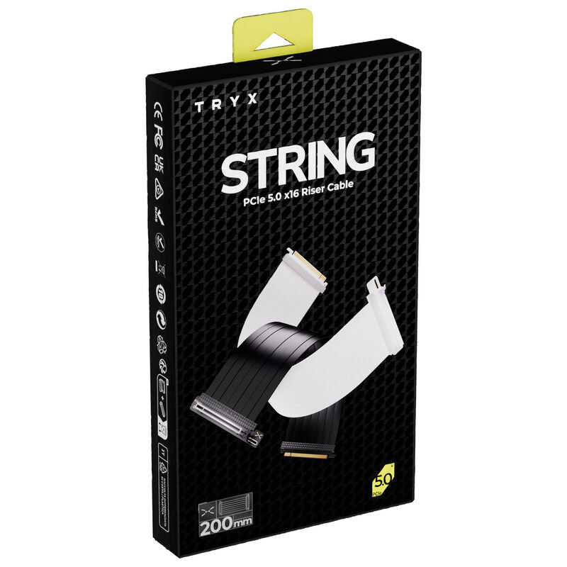 Nærbilde av TRYX STRING PCIe 5.0 x16 riserkabel 200 mm svart kontakt