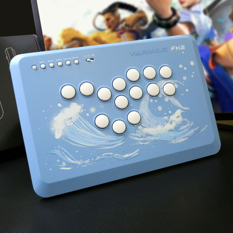 Nærbilde av RGB-belysning på Varmilo FK2 Arcade kontroller Sea Melody RGB MX Silver