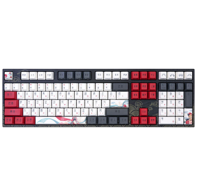 Nærbilde av tastene på Varmilo VEA108 Beijing Opera mekanisk gamingtastatur MX-Brown US