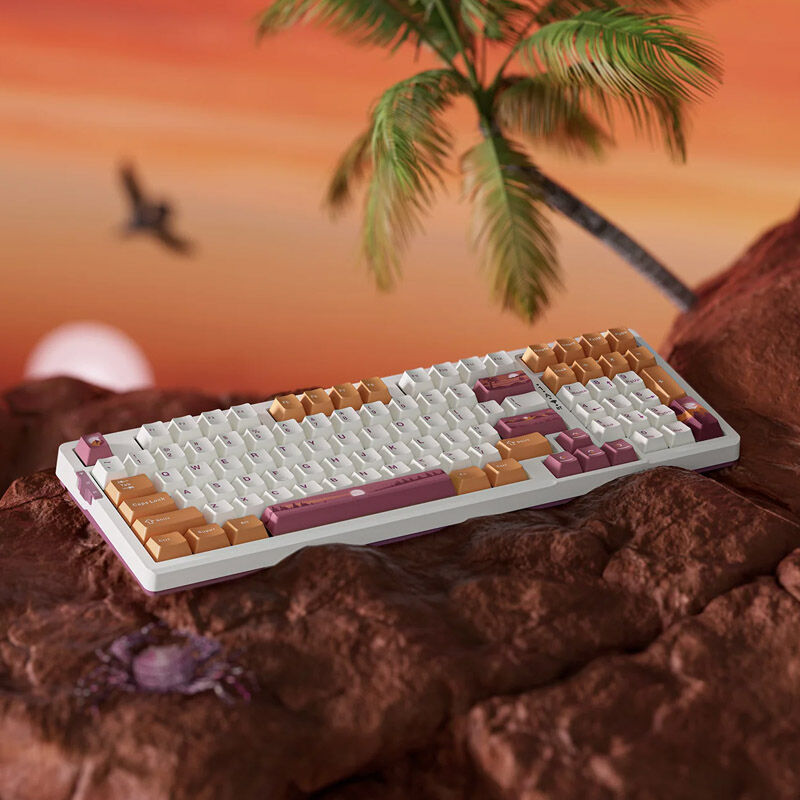 VGN V98Pro V2 gamingtastatur montert på skrivebord med RGB-belysning