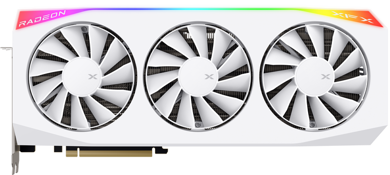 Nærbilde av triple-fan kjølesystem på XFX Mercury RX 9070 XT OC White Gaming Edition