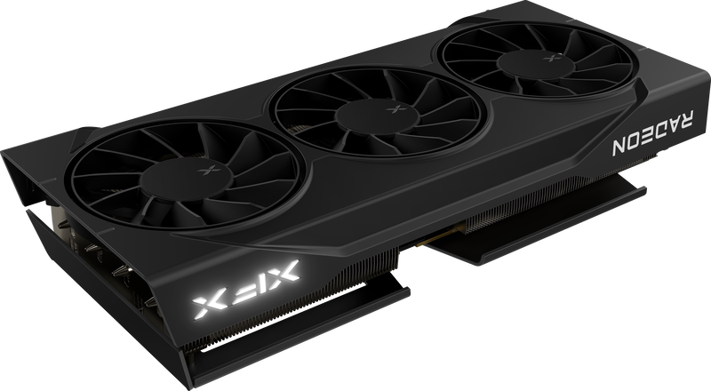 Nærbilde av XFX Swift RX 9060 XT OC Triple Fan grafikkort kjøling