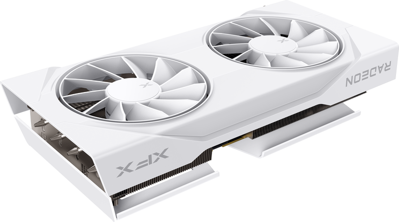 Detalj av XFX Swift RX 9060 XT OC White grafikkort kjølesystem
