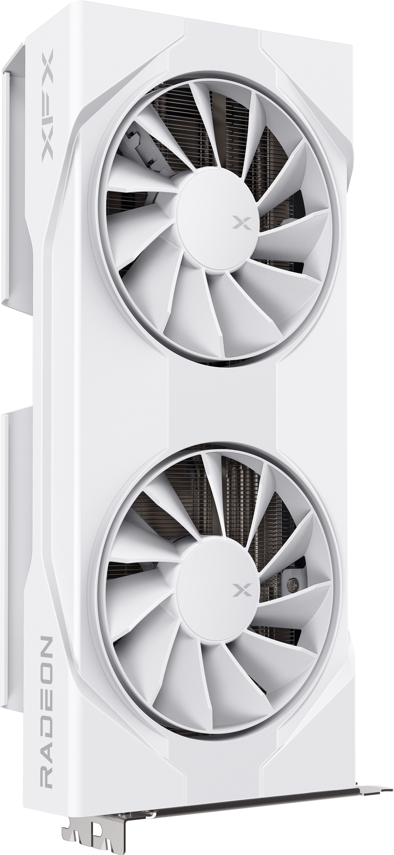 Nærbilde av XFX Swift RX 9060 XT OC White grafikkort vifte 1