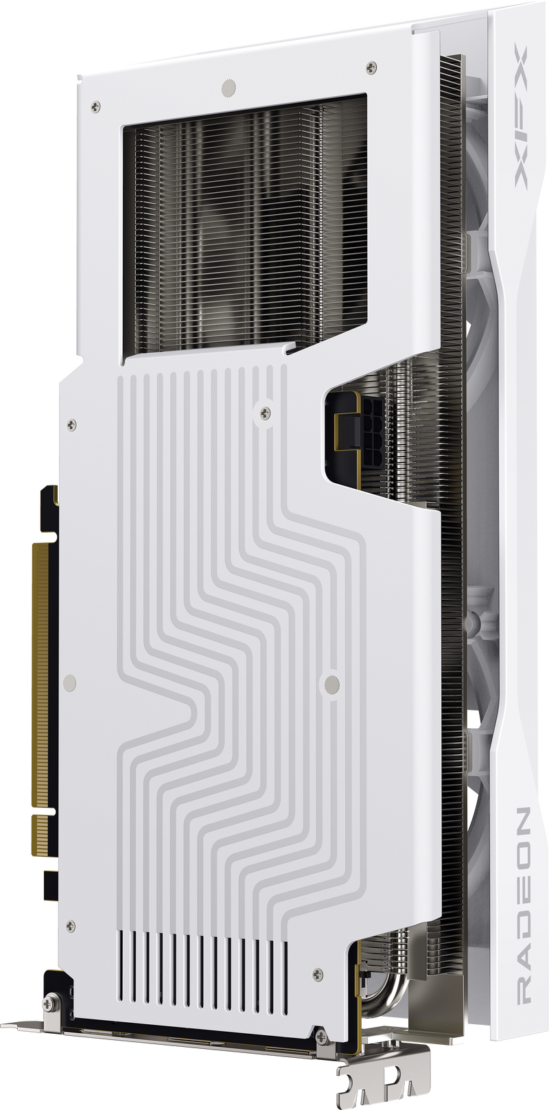 Nærbilde av XFX Swift RX 9060 XT OC White grafikkort vifte 2