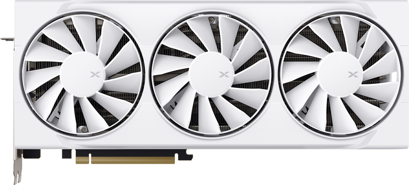 Nærbilde av tilkoblingsporter på XFX Swift RX 9070 XT White Triple Fan grafikkort