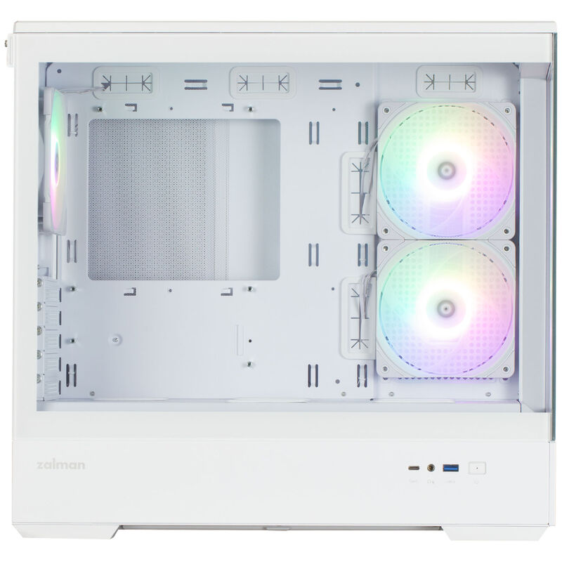 Zalman P30 V2 kabinett minitårn mATX RGB herdet glass hvit montert med komponenter