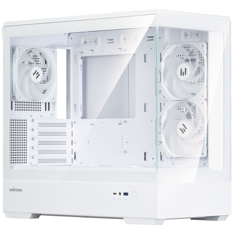 Detalj av Zalman P30 V2 kabinett minitårn mATX RGB herdet glass hvit med glasspanel