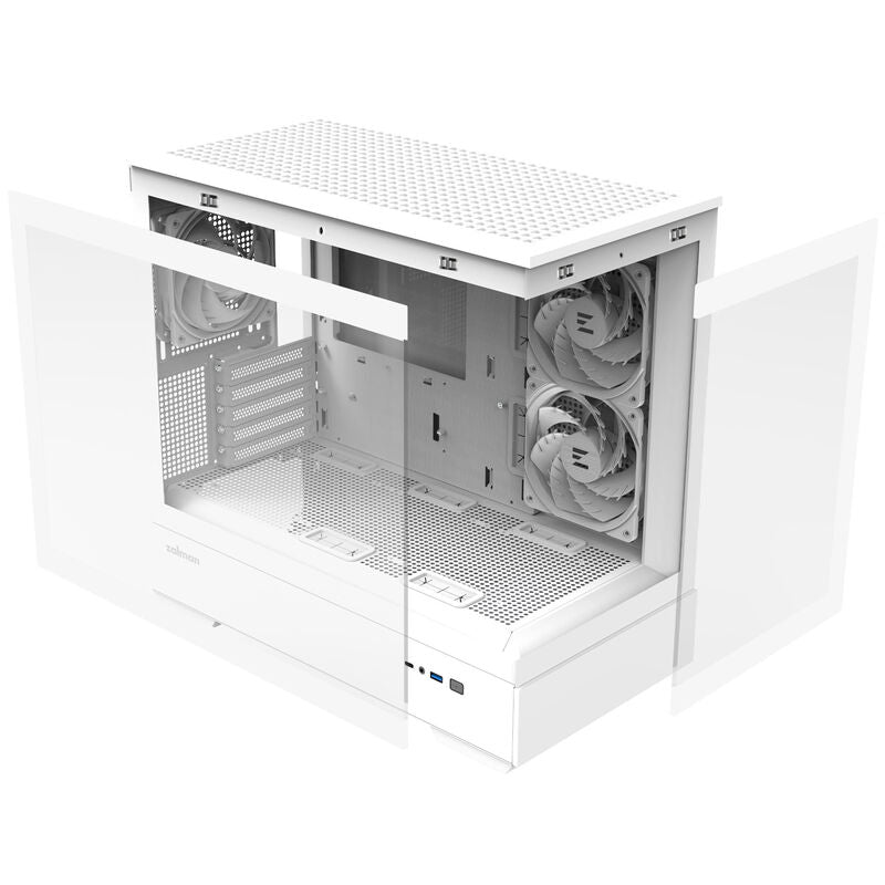 Detalj av frontpanel og I/O-porter på Zalman P30 V2 kabinett minitårn mATX RGB herdet glass hvit