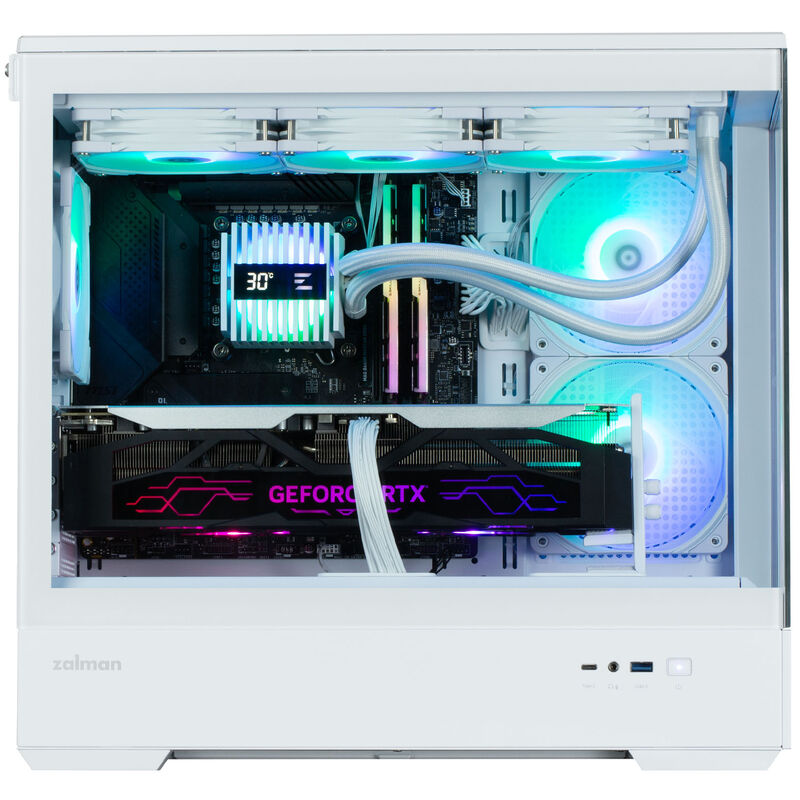 Zalman P30 V2 kabinett minitårn mATX RGB herdet glass hvit med åpen side