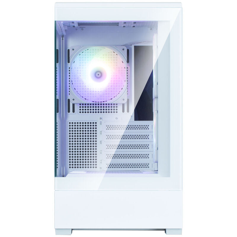 Nærbilde av RGB-belysning i Zalman P30 V2 kabinett minitårn mATX RGB herdet glass hvit