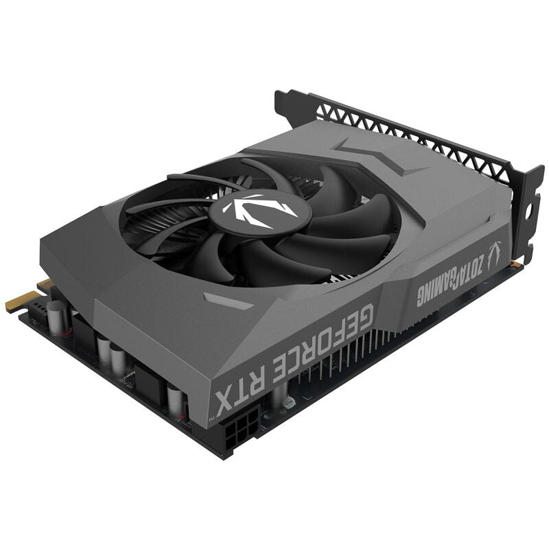 Nærbilde av ZOTAC Gaming RTX 3050 Eco Solo grafikkort kontakter