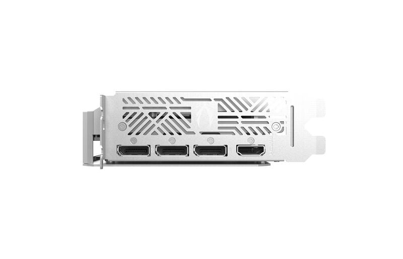 Nærbilde av DisplayPort-tilkoblinger på ZOTAC GAMING RTX 5060 Twin Edge OC White