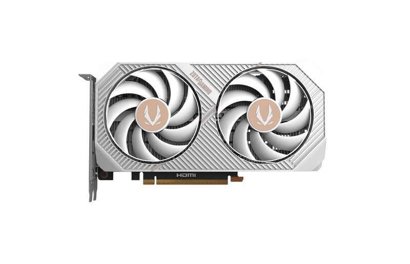 Nærbilde av kjølevifter på ZOTAC GAMING RTX 5060 Twin Edge OC White